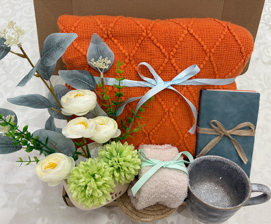 Vibrant Warmth | Burnt Orange Diamond Knit Blanket Gift Set with Floral & Journal