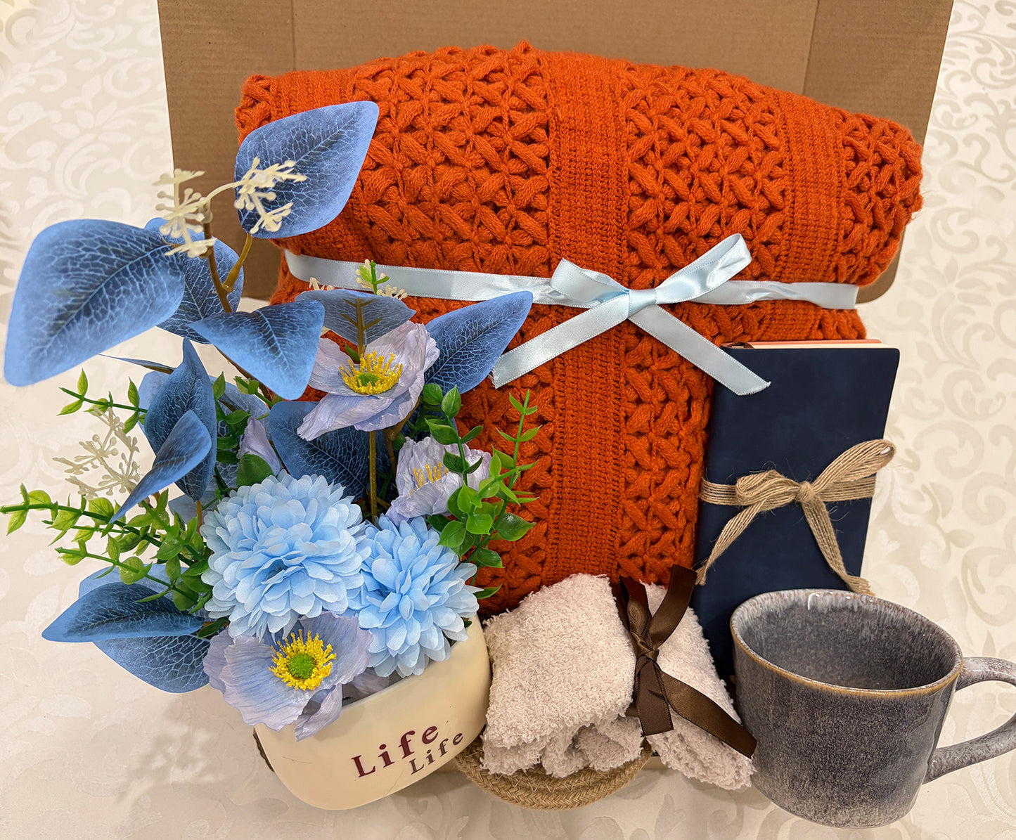 Warm Glow | Burnt Orange Knit Throw Blanket Gift Set with Floral & Journal