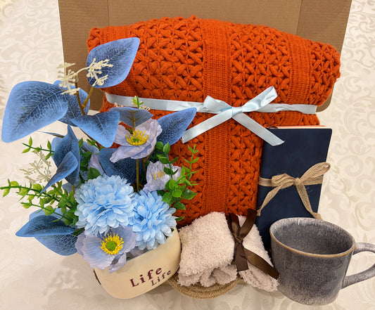 Warm Glow | Burnt Orange Knit Throw Blanket Gift Set with Floral & Journal
