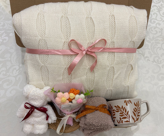 Warmth & Grace | Cream Knit Blanket Gift Box with Floral & Home Accents
