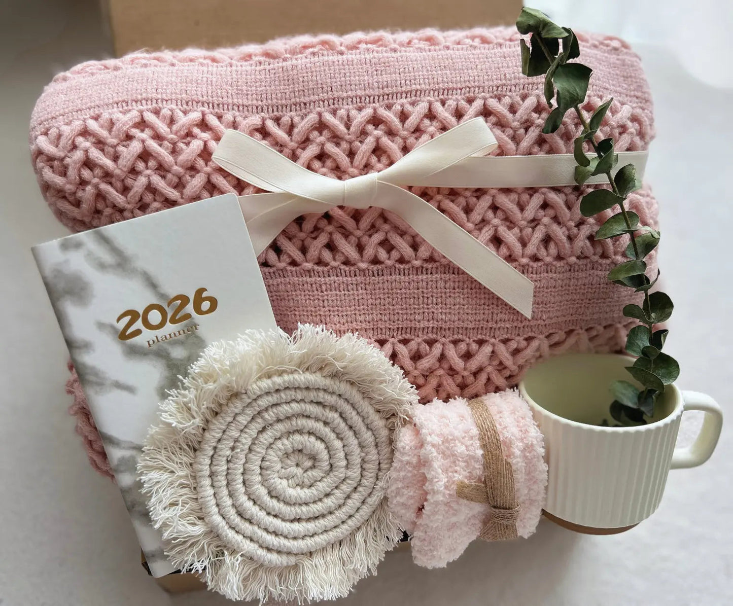 Pink Knit Scarf Gift Box | 2026 Planner & Mug Self Care Set