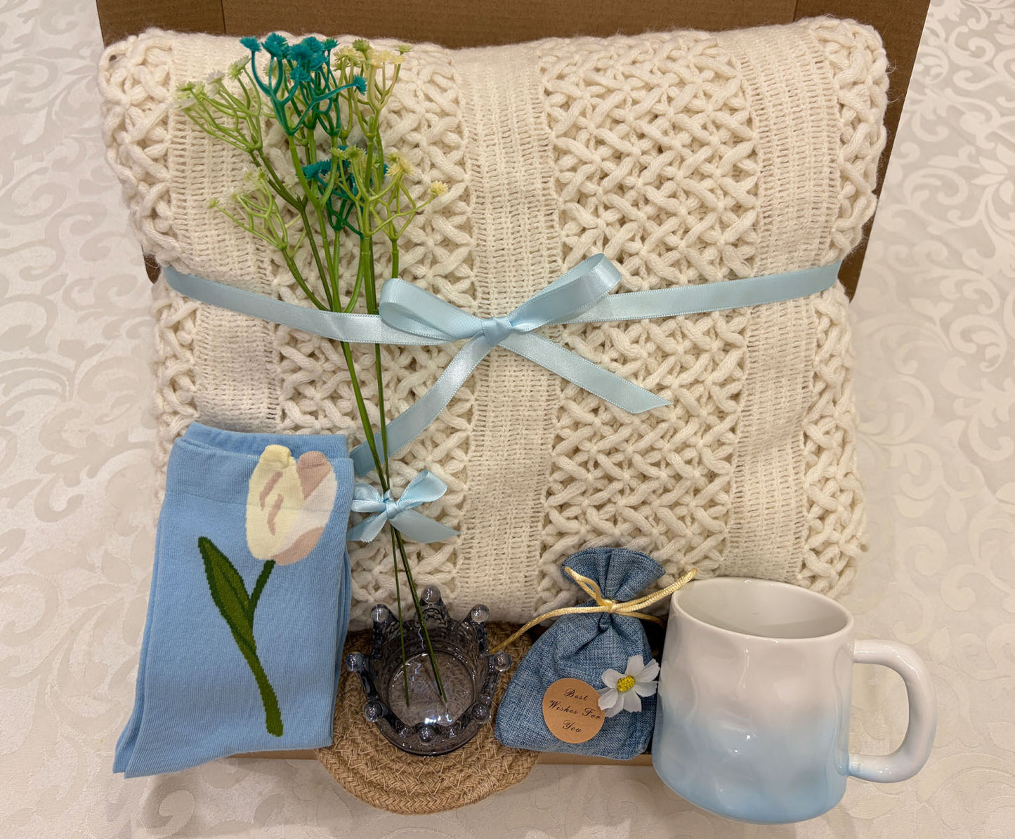 Blue Tulip Cozy Gift Box | Knit Blanket & Mug Set