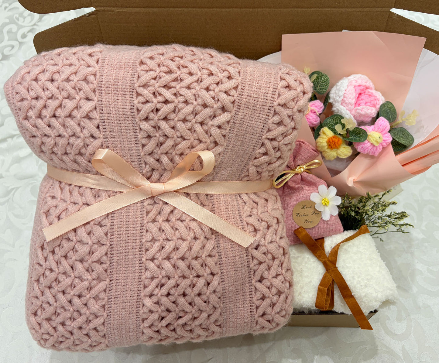 Blush Pink Knit Blanket Gift Box | Crochet Flower Bouquet Set