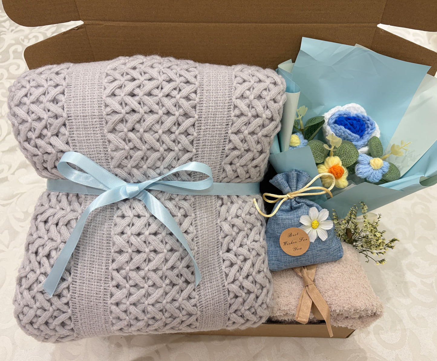 Grey Knit Blanket Gift Box | Blue Crochet Flower Bouquet Set