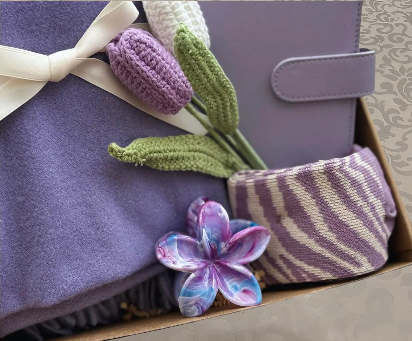 Lavender Self Care Gift Box | Scarf, Journal & Crochet Tulips Set