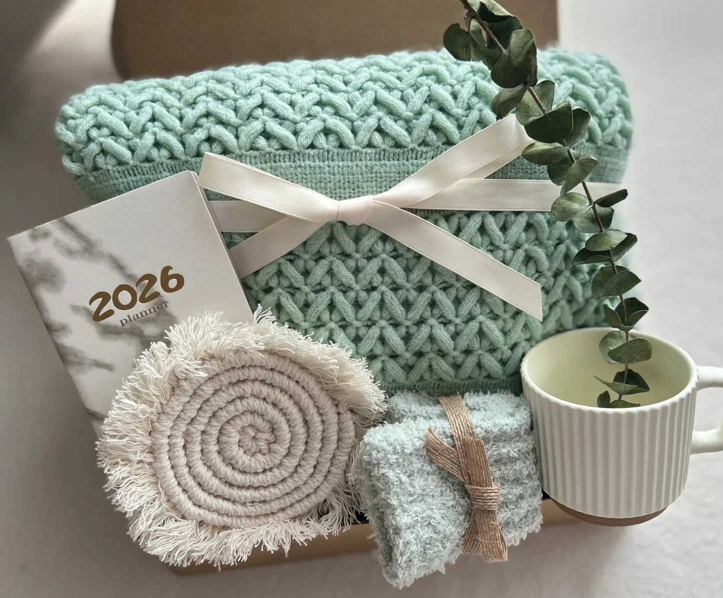 Mint Green Knit Blanket Gift Box | Self Care Package