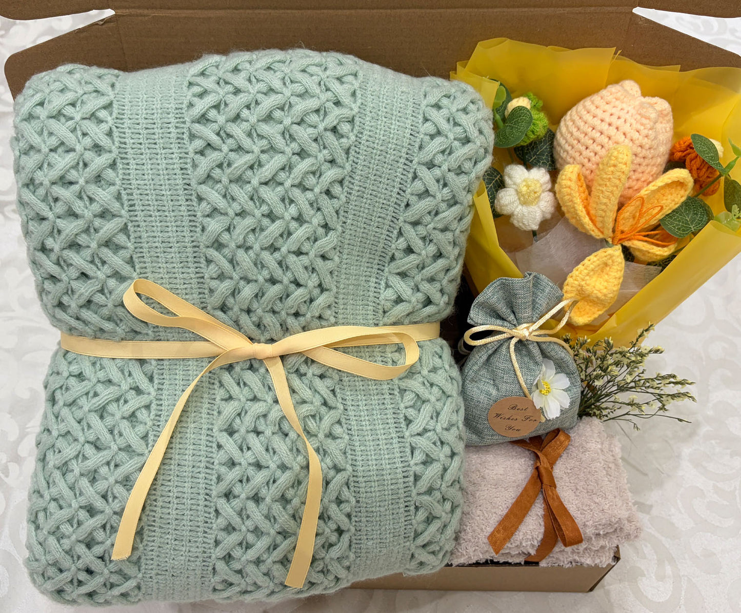 Sage Green Knit Blanket Gift Box | Crochet Flower Bouquet Set