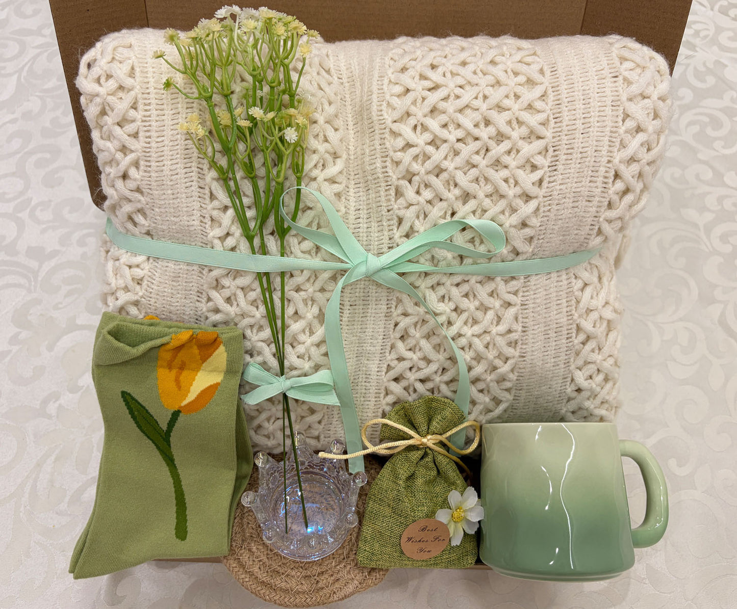 Sage Green Tulip Cozy Gift Box | Knit Blanket & Mug Set