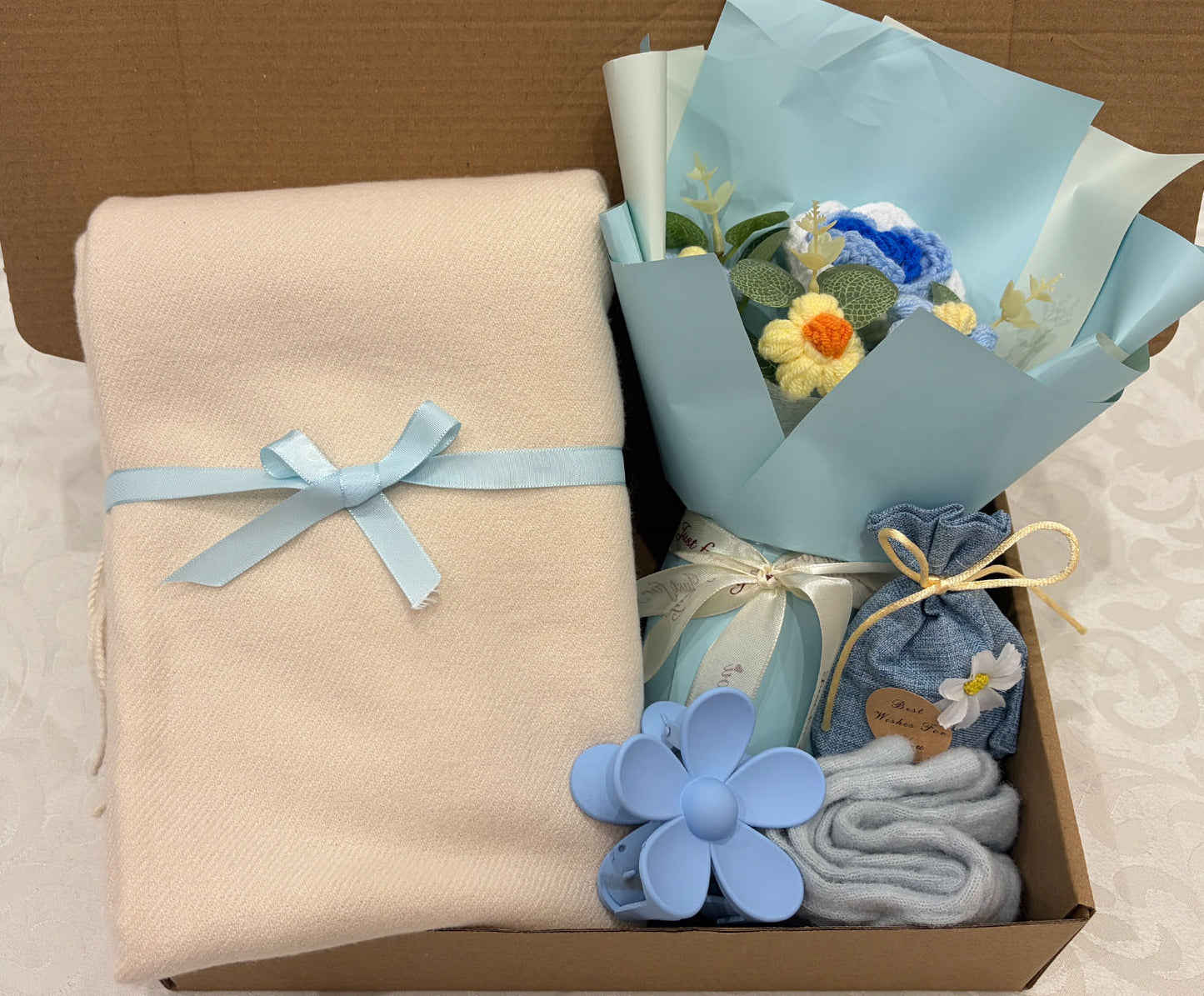 Soft Blue & Cream Care Package | Scarf Gift Box