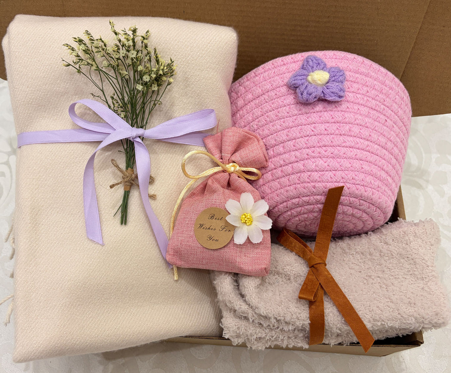 Soft Blush Care Package | Scarf & Basket Gift Box
