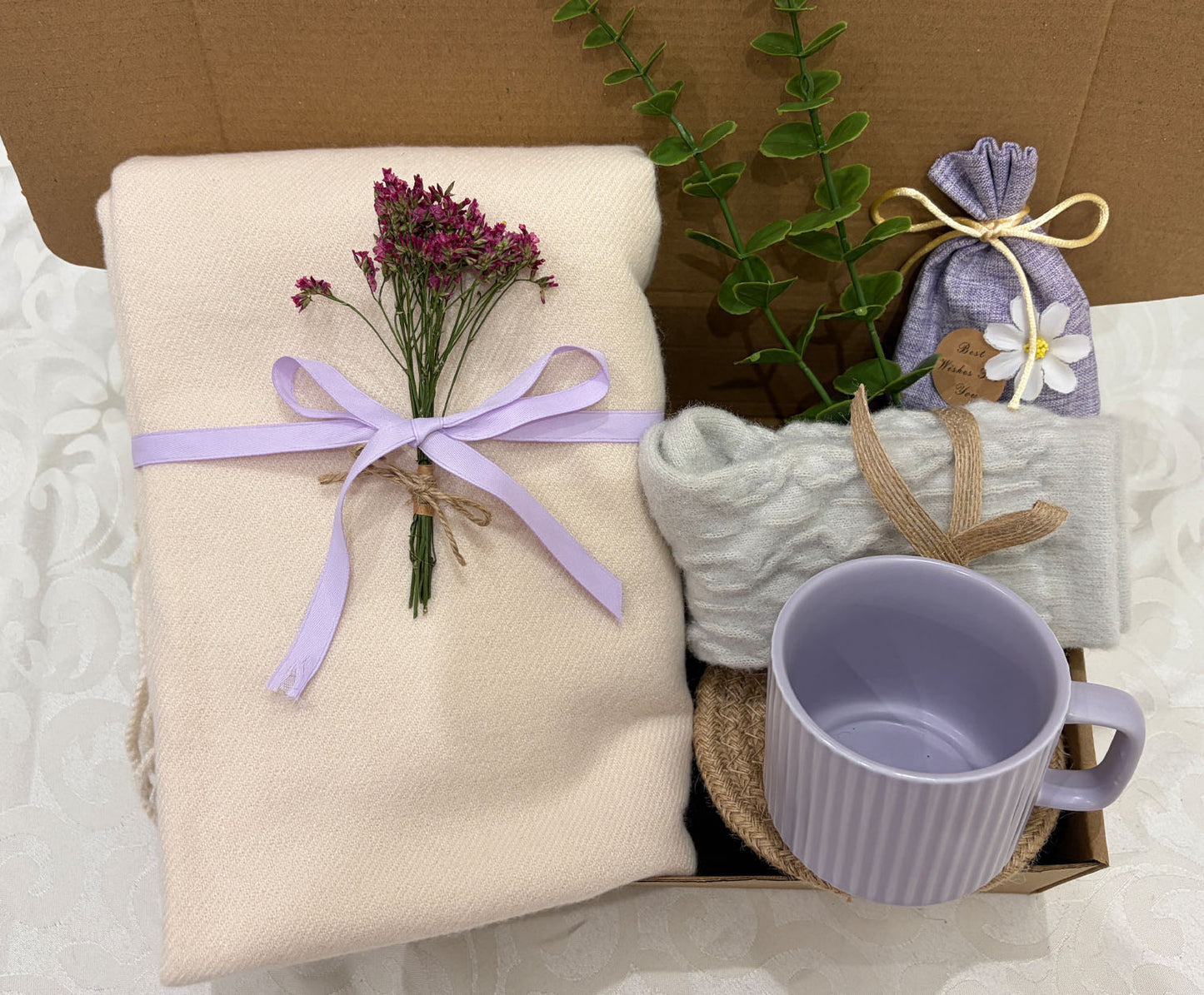 Soft Lavender Care Package | Scarf & Mug Gift Box
