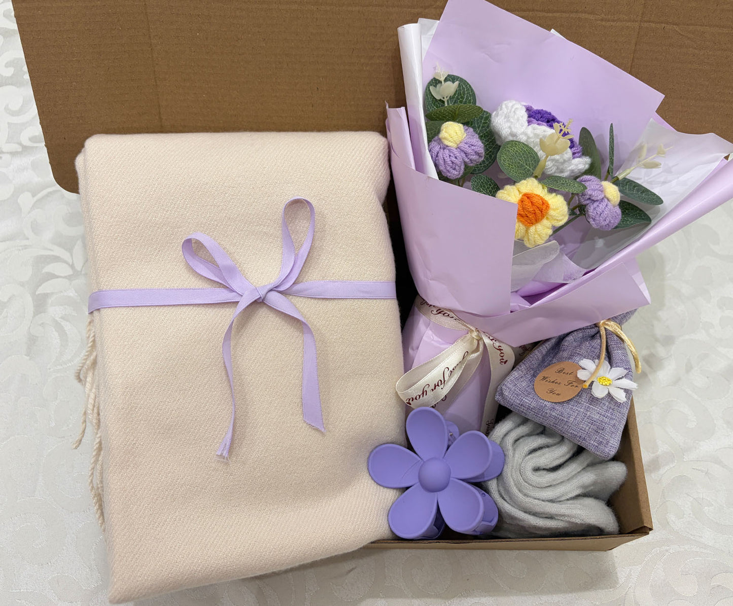 Soft Lavender & Cream Care Package | Scarf Gift Box