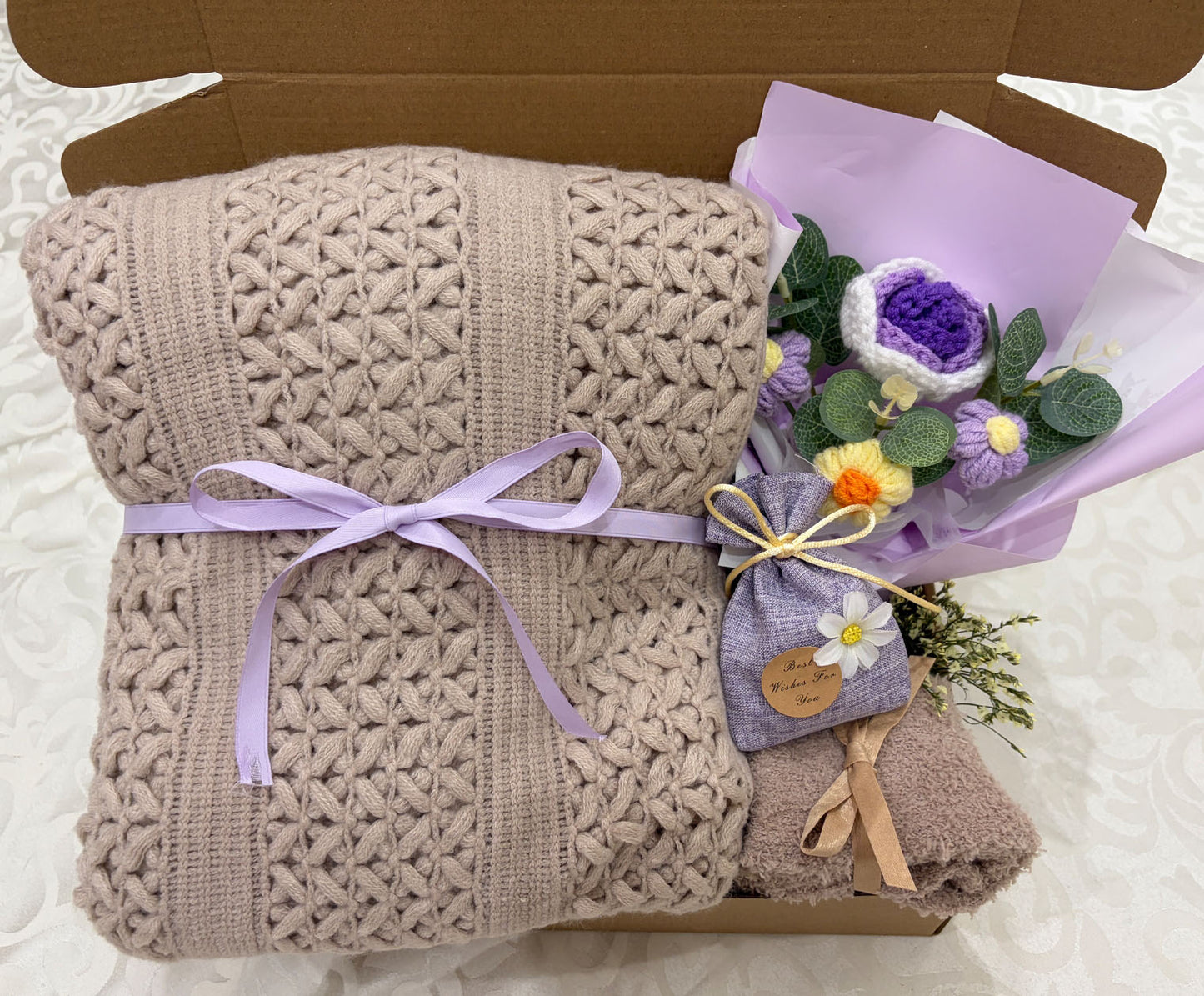 Taupe Knit Blanket Gift Box | Purple Crochet Flower Bouquet Set