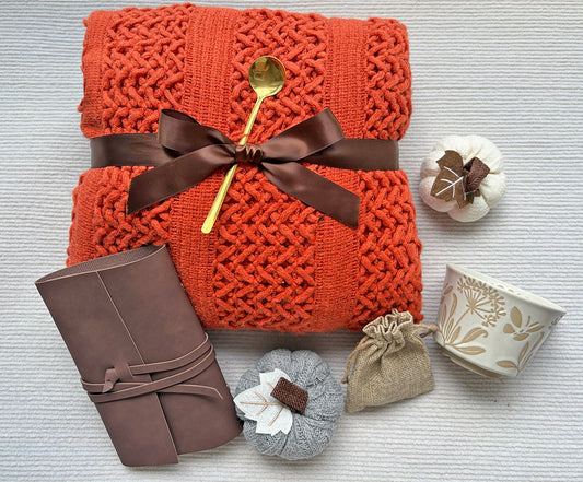 Cozy Fall Gift Basket with Blanket and Pumpkin,Boho Aesthetic Gift Basket for Women komorebi INC