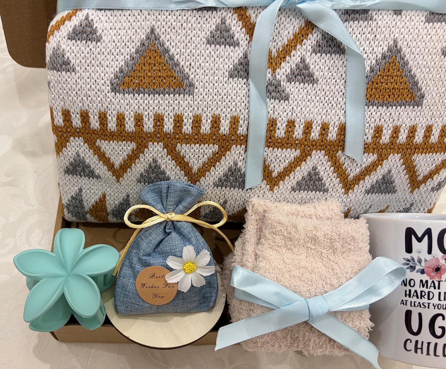 Mom’s Cozy Aztec Haven | Geometric Knit Blanket Gift Set for Mom