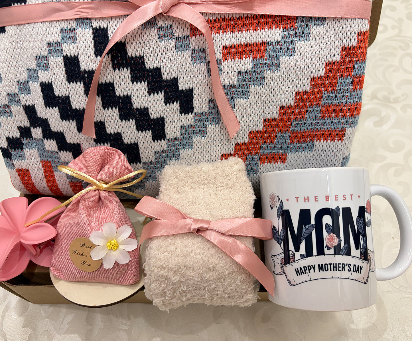 Mom’s Cozy Boho Retreat | Geometric Knit Blanket Gift Set for Mom