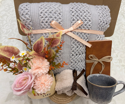 Serene Bliss | Rustic Grey Knit Blanket Gift Box, Floral & Journal Included