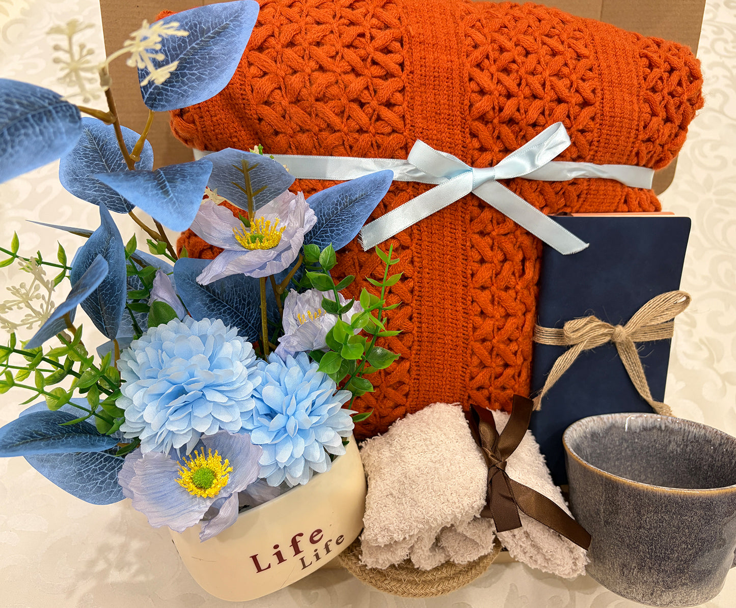 Warm Glow | Burnt Orange Knit Throw Blanket Gift Set with Floral & Journal