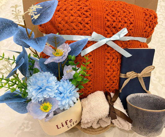 Warm Glow | Burnt Orange Knit Throw Blanket Gift Set with Floral & Journal