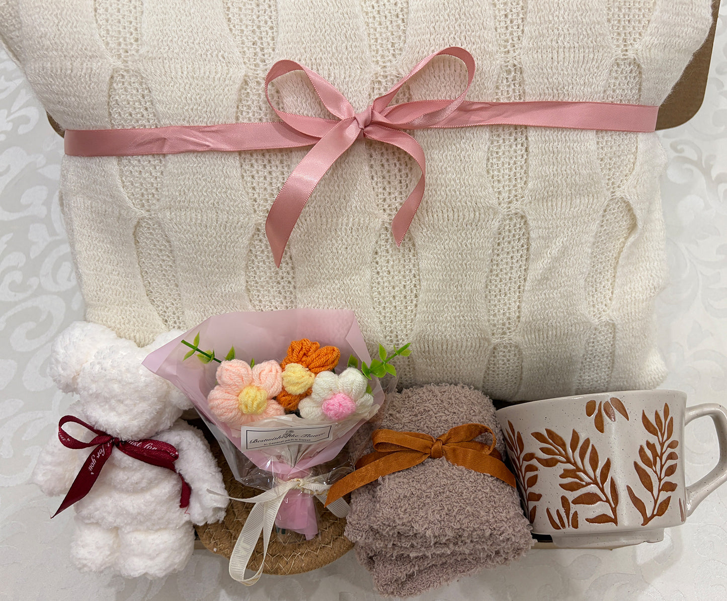 Warmth & Grace | Cream Knit Blanket Gift Box with Floral & Home Accents