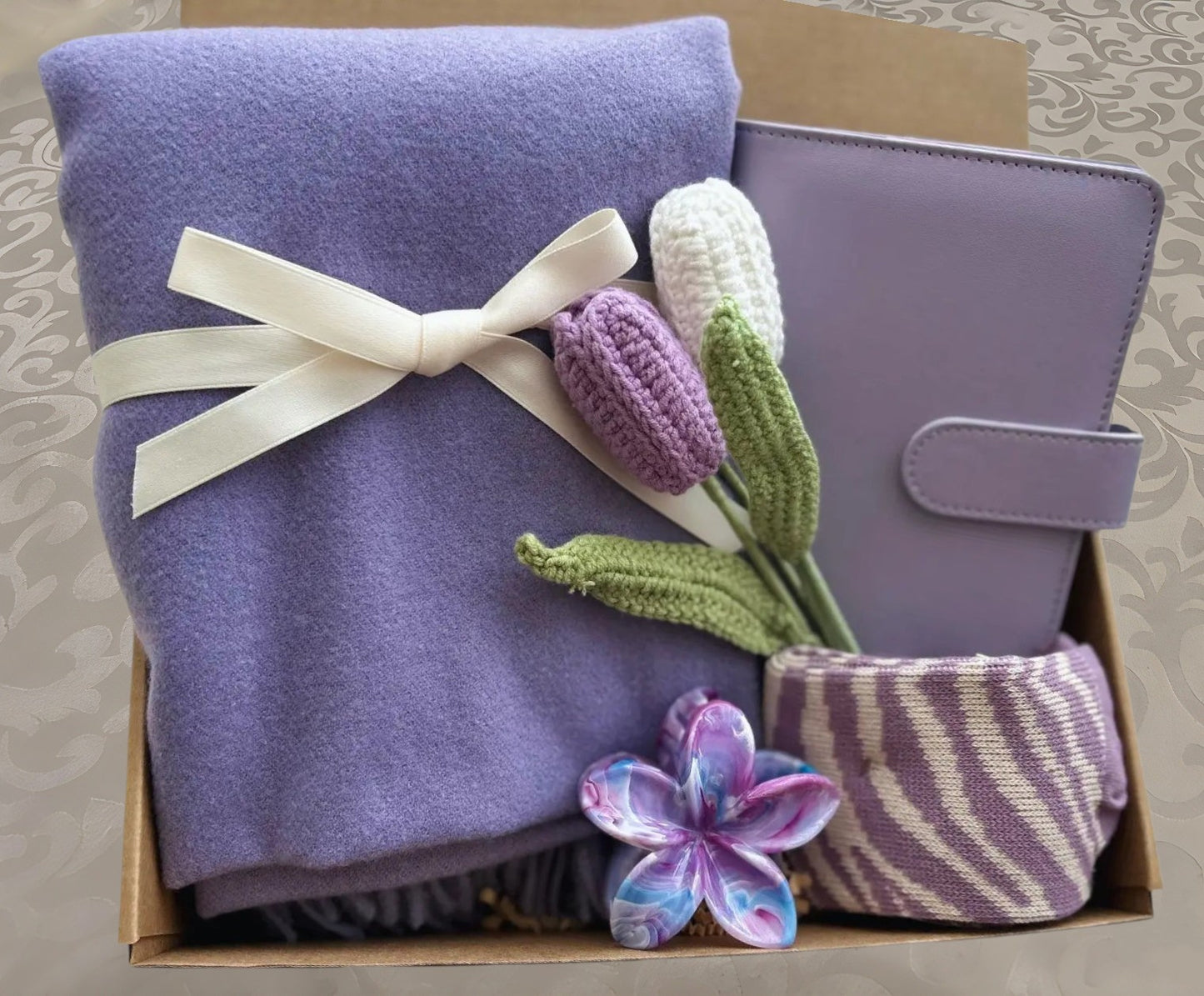 Lavender Self Care Gift Box | Scarf, Journal & Crochet Tulips Set
