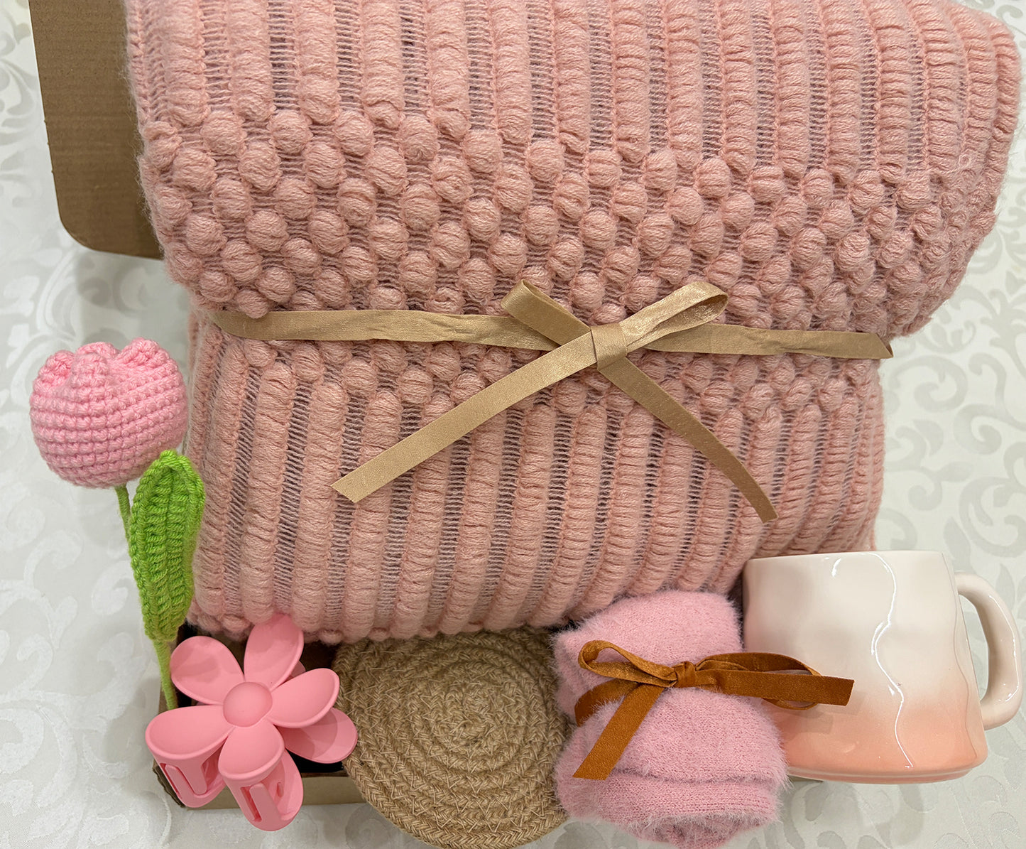 Blush Serenity | Blush Pink Textured Blanket & Home Essentials Gift Box