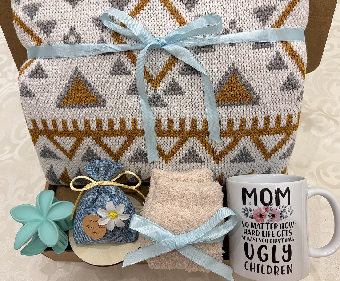 Mom’s Cozy Aztec Haven | Geometric Knit Blanket Gift Set for Mom