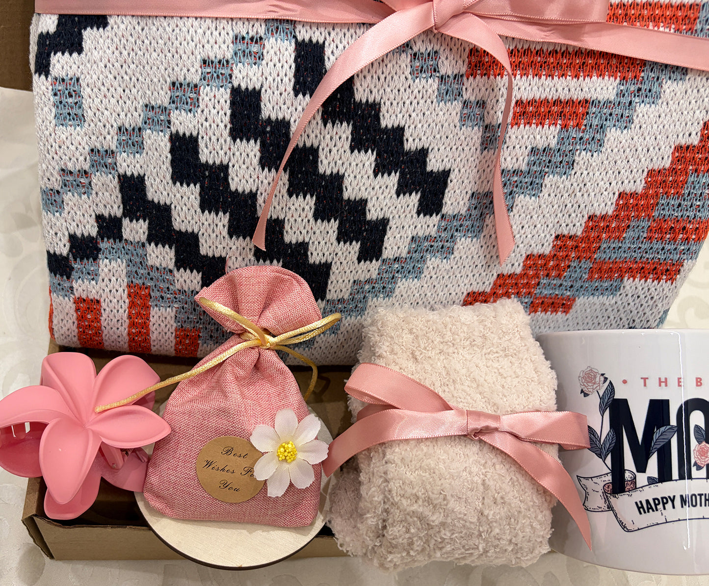 Mom’s Cozy Boho Retreat | Geometric Knit Blanket Gift Set for Mom