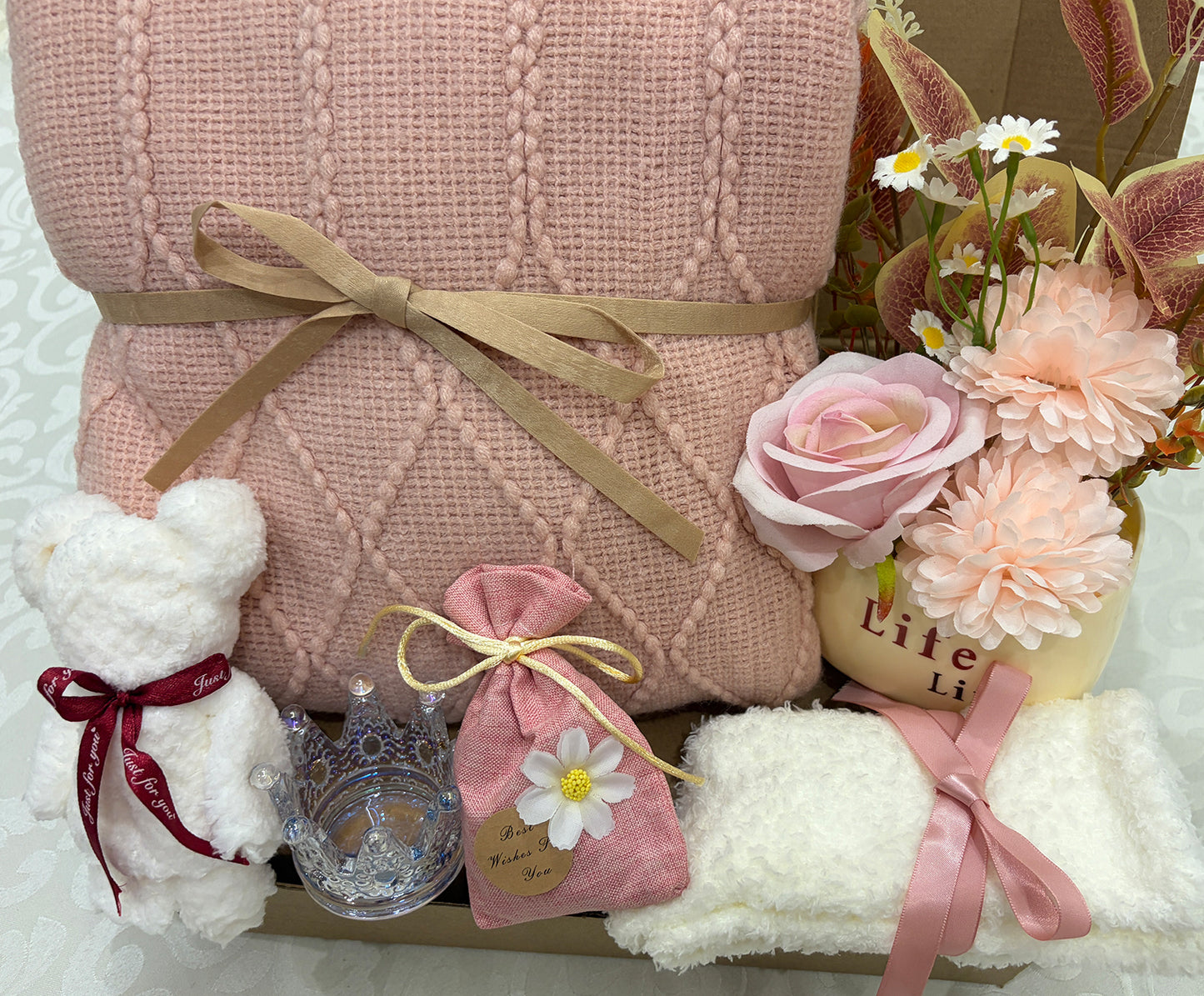 Serene Warmth | Blush Pink Knit Throw Blanket Gift Set