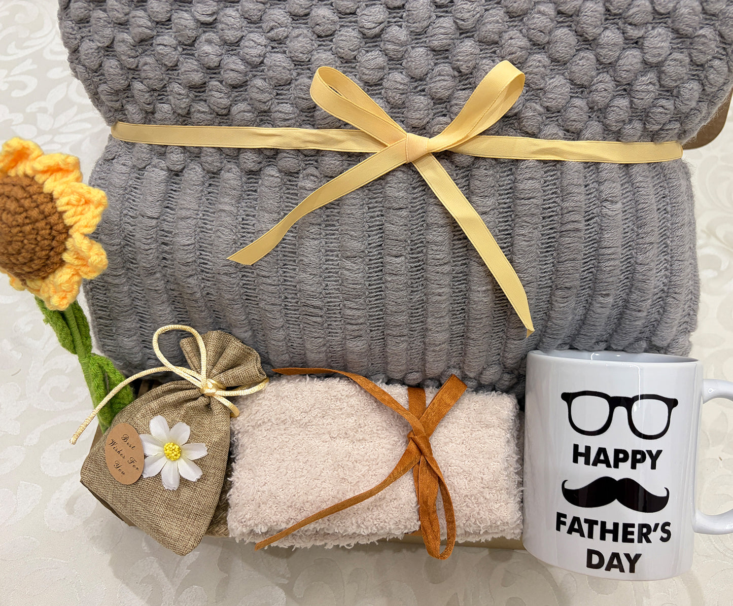 Sunny Dad’s Cozy Retreat | Gray Knit Blanket Gift Set for Dad Product Title