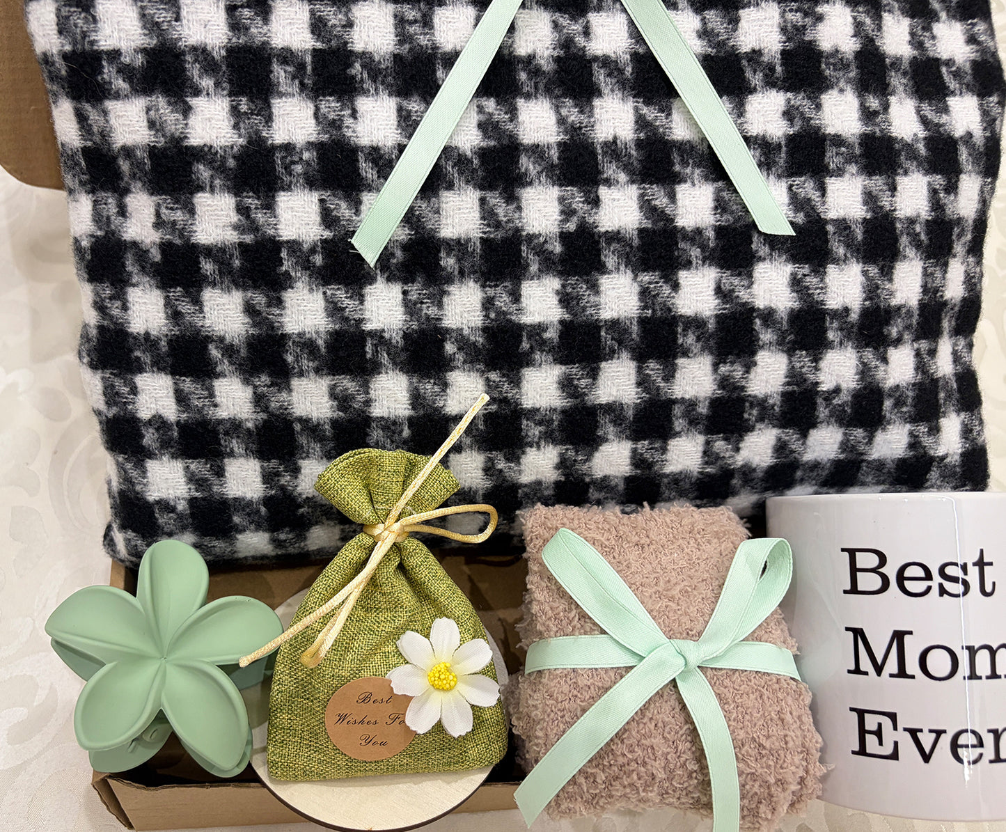 Timeless Mom’s Cozy Check | Black & White Plush Blanket Gift Set for Mom