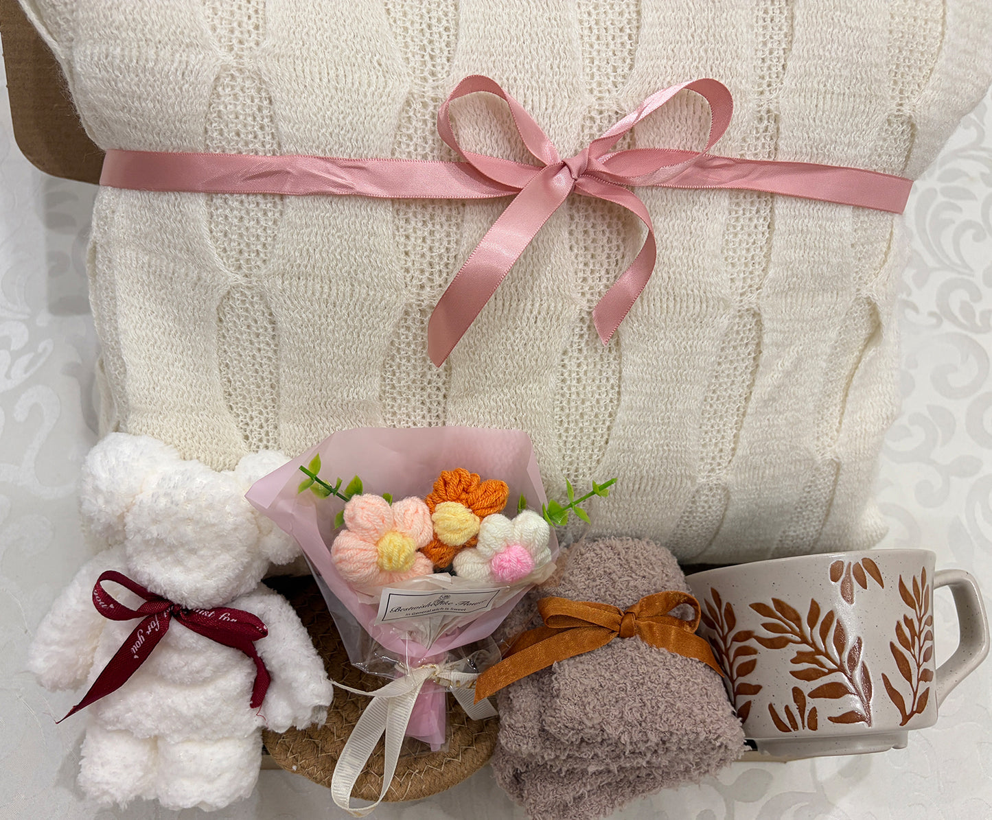 Warmth & Grace | Cream Knit Blanket Gift Box with Floral & Home Accents