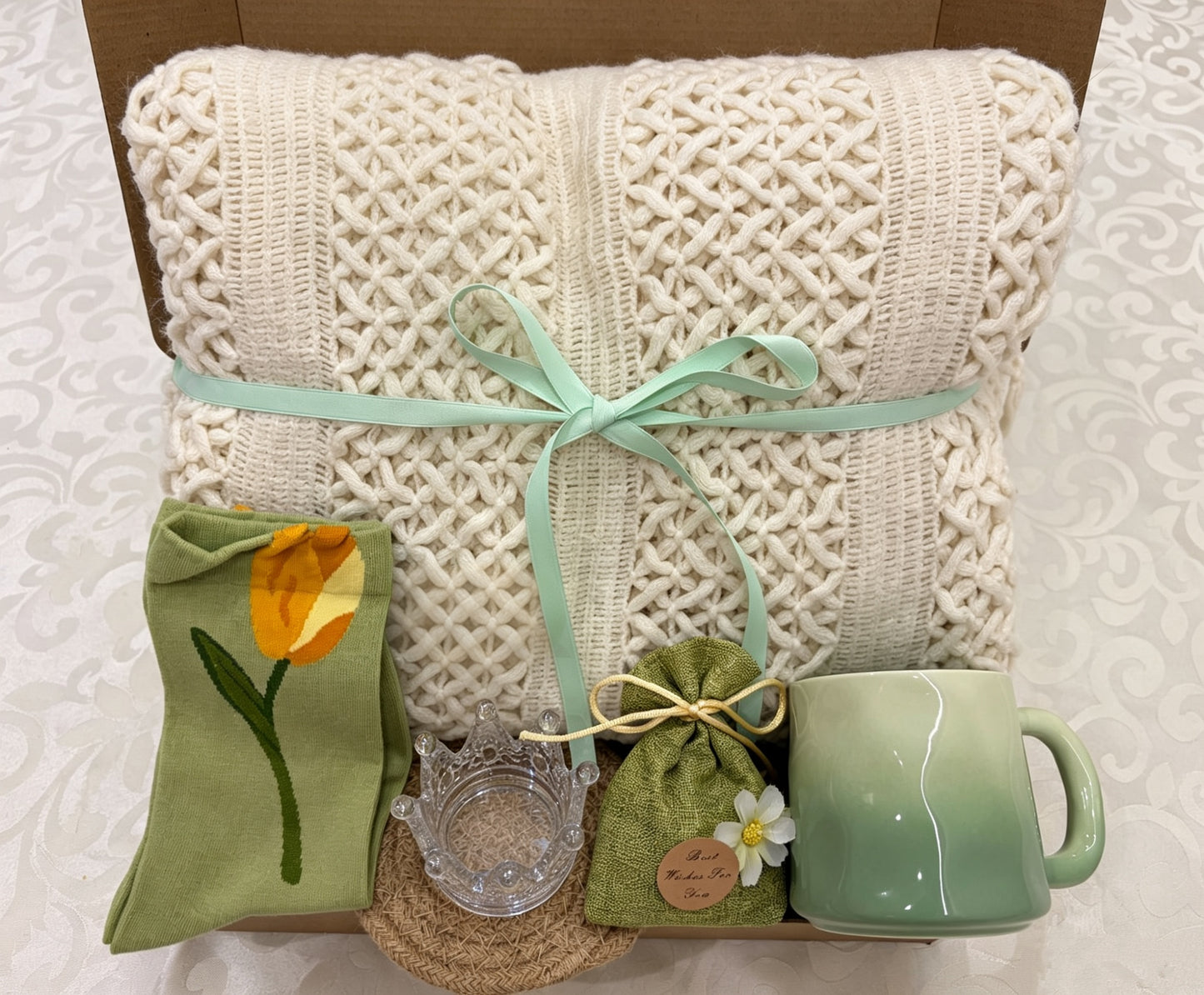 Sage Green Tulip Cozy Gift Box | Knit Blanket & Mug Set