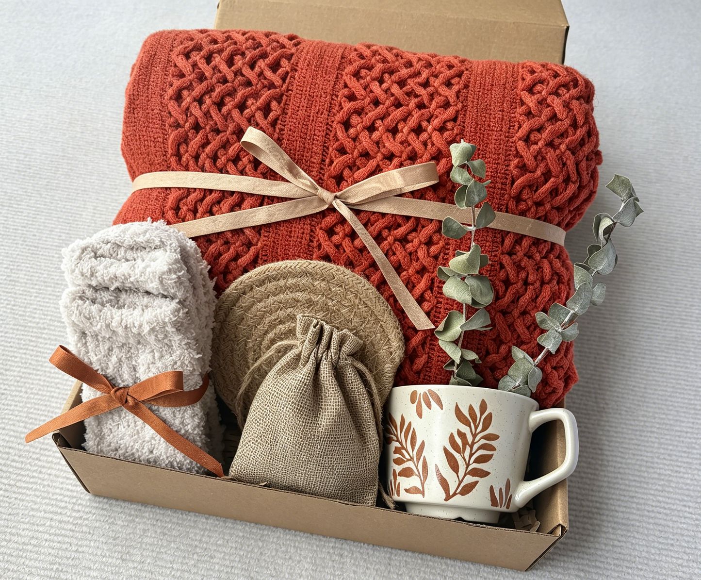Cozy Orange Knit Blanket Gift Box | Self Care Gift Set komorebi INC