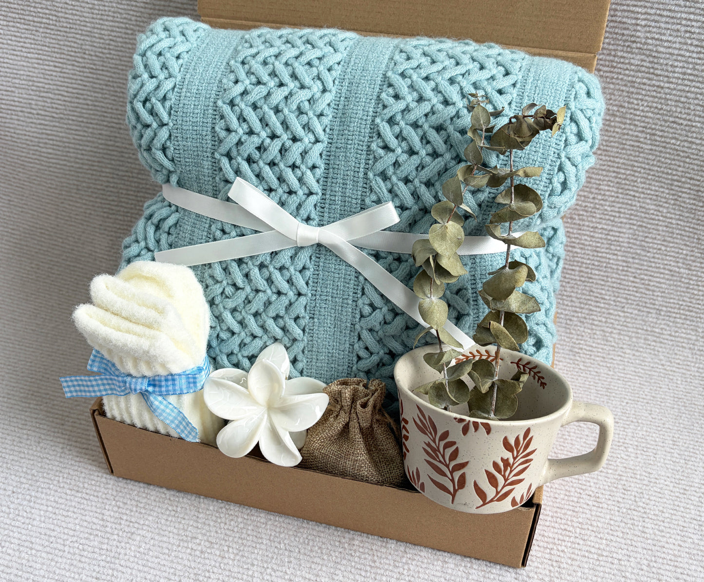 Pastel Blue Care Package | Calming Cozy Knit Blanket Gift Box komorebi INC
