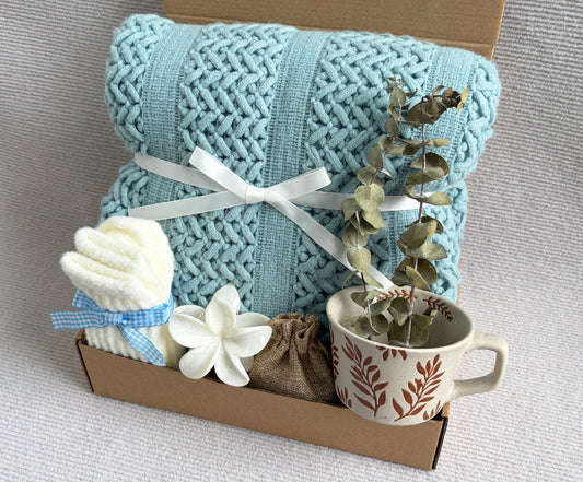 Pastel Blue Care Package | Calming Cozy Knit Blanket Gift Box komorebi INC
