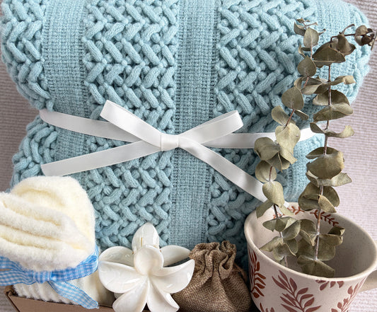 Pastel Blue Care Package | Calming Cozy Knit Blanket Gift Box komorebi INC