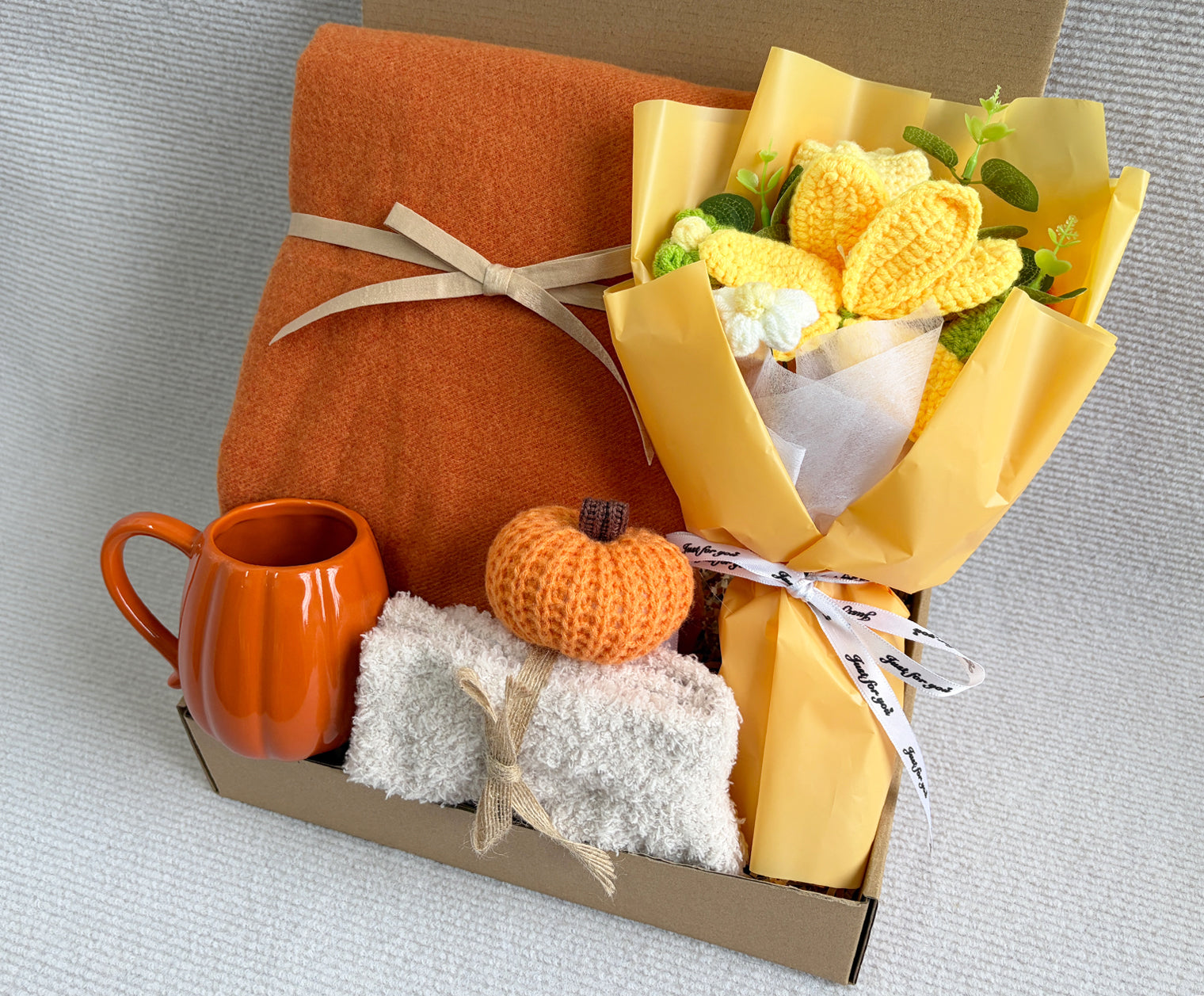 Fall Harvest Self Care Gift Box | Orange Scarf Flower Bouquet Set komorebi INC