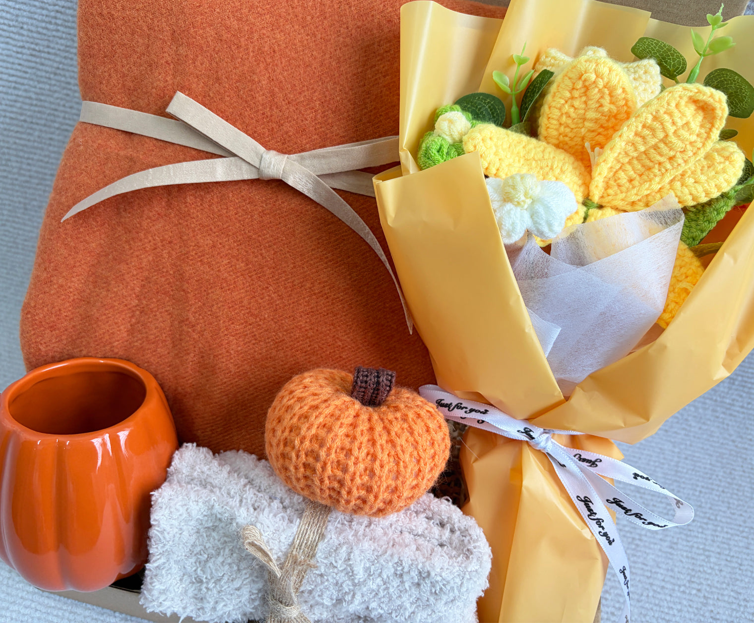 Fall Harvest Self Care Gift Box | Orange Scarf Flower Bouquet Set komorebi INC