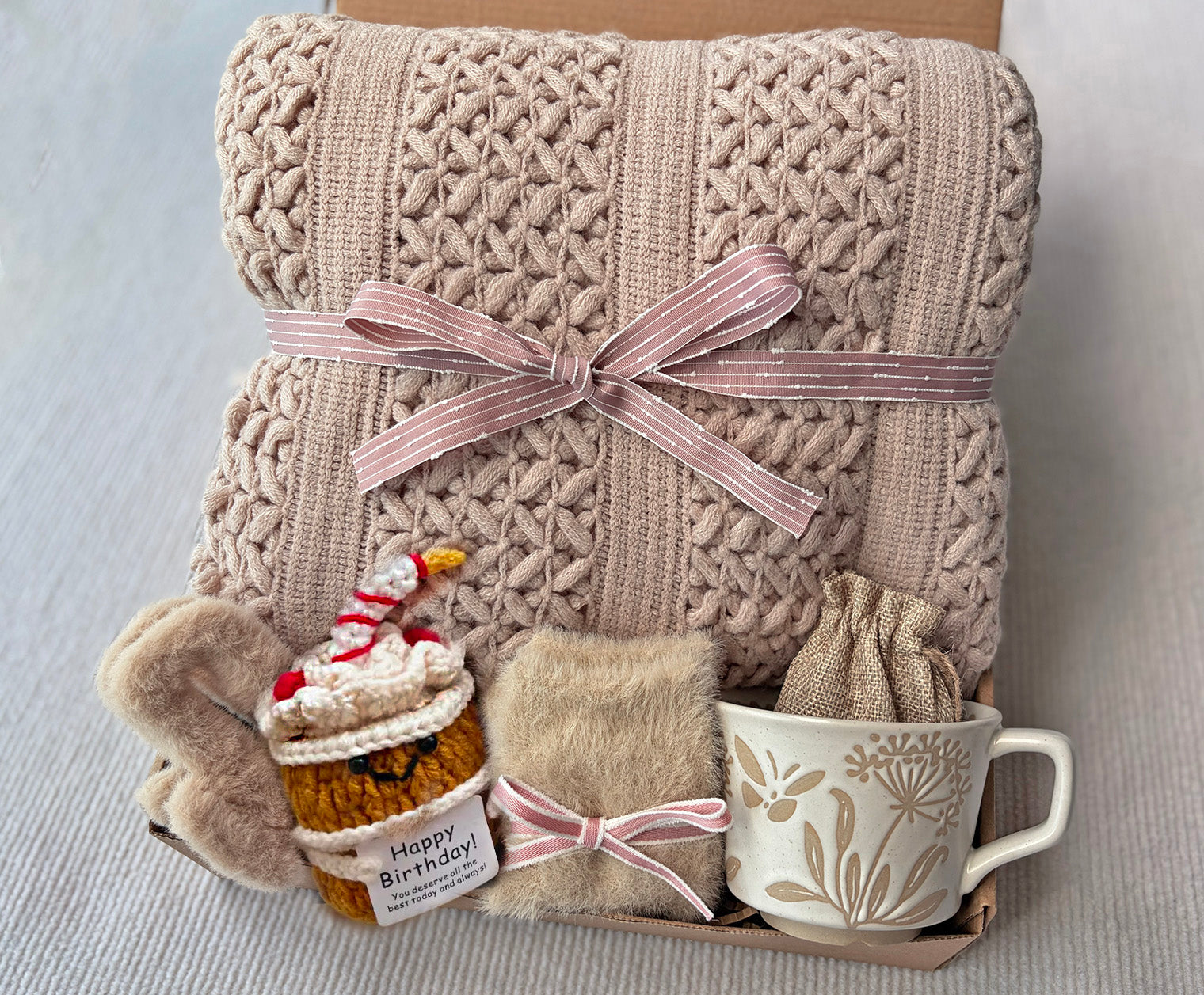Birthday Gift Box for Her | Cozy Birthday Gift Basket for Women with Knit Blanket, Mug & Fuzzy Socks komorebi INC