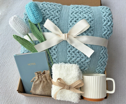 Blue Cozy Gift Box | Cable Knit Blanket & Crochet Tulip Gift Basket komorebi INC