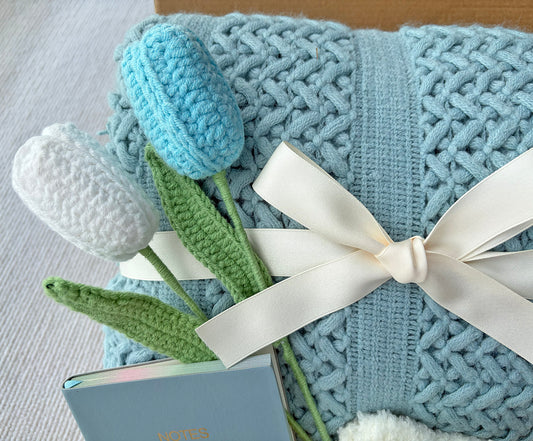 Blue Cozy Gift Box | Cable Knit Blanket & Crochet Tulip Gift Basket komorebi INC