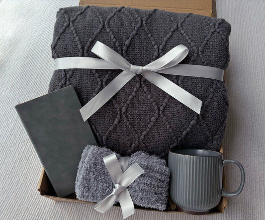 Care Package for Men | Knit Blanket, Ceramic Mug, Fuzzy Socks & Leather Journal Set komorebi INC