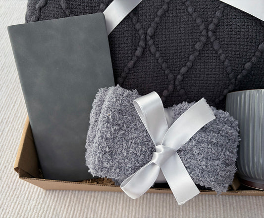 Care Package for Men | Knit Blanket, Ceramic Mug, Fuzzy Socks & Leather Journal Set komorebi INC