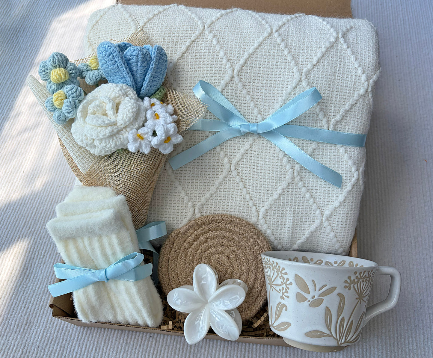Fresh Sky Blue Handmade Crochet Floral Self-Care Gift Box for Her – Cozy Quiet Relaxation Kit komorebi INC