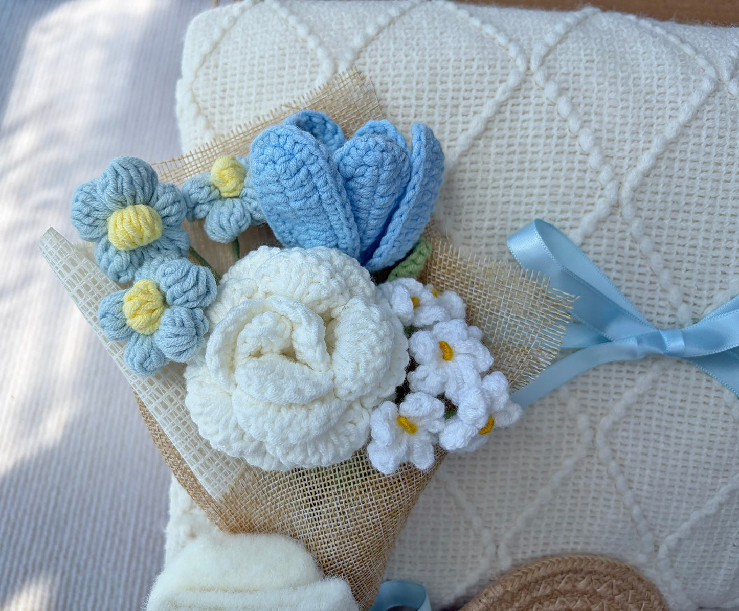 Fresh Sky Blue Handmade Crochet Floral Self-Care Gift Box for Her – Cozy Quiet Relaxation Kit komorebi INC