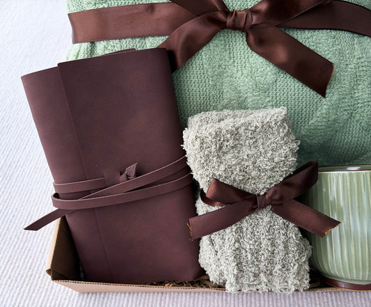 Minimal Sage Green Cozy Gift Box for Her | Cable Knit Blanket, Ribbed Sage Mug, Fuzzy Socks & Leather Journal Gift Basket komorebi INC