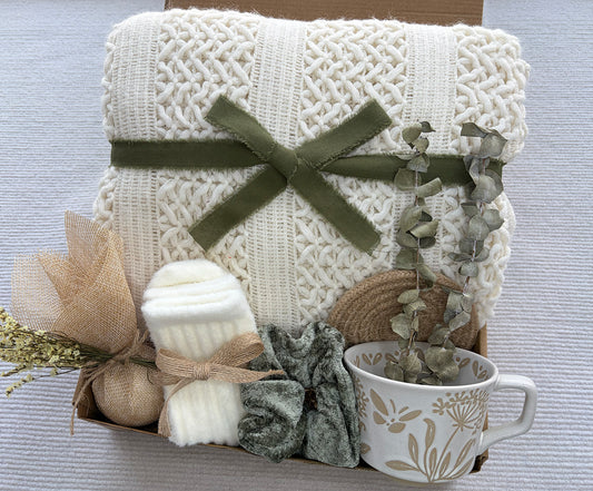 Cream Olive Green Cozy Gift Basket for Her – Self Care Gift Box with Knit Blanket, Botanical Mug, Fuzzy Socks, Bath Bombs, Scrunchie & Eucalyptus komorebi INC