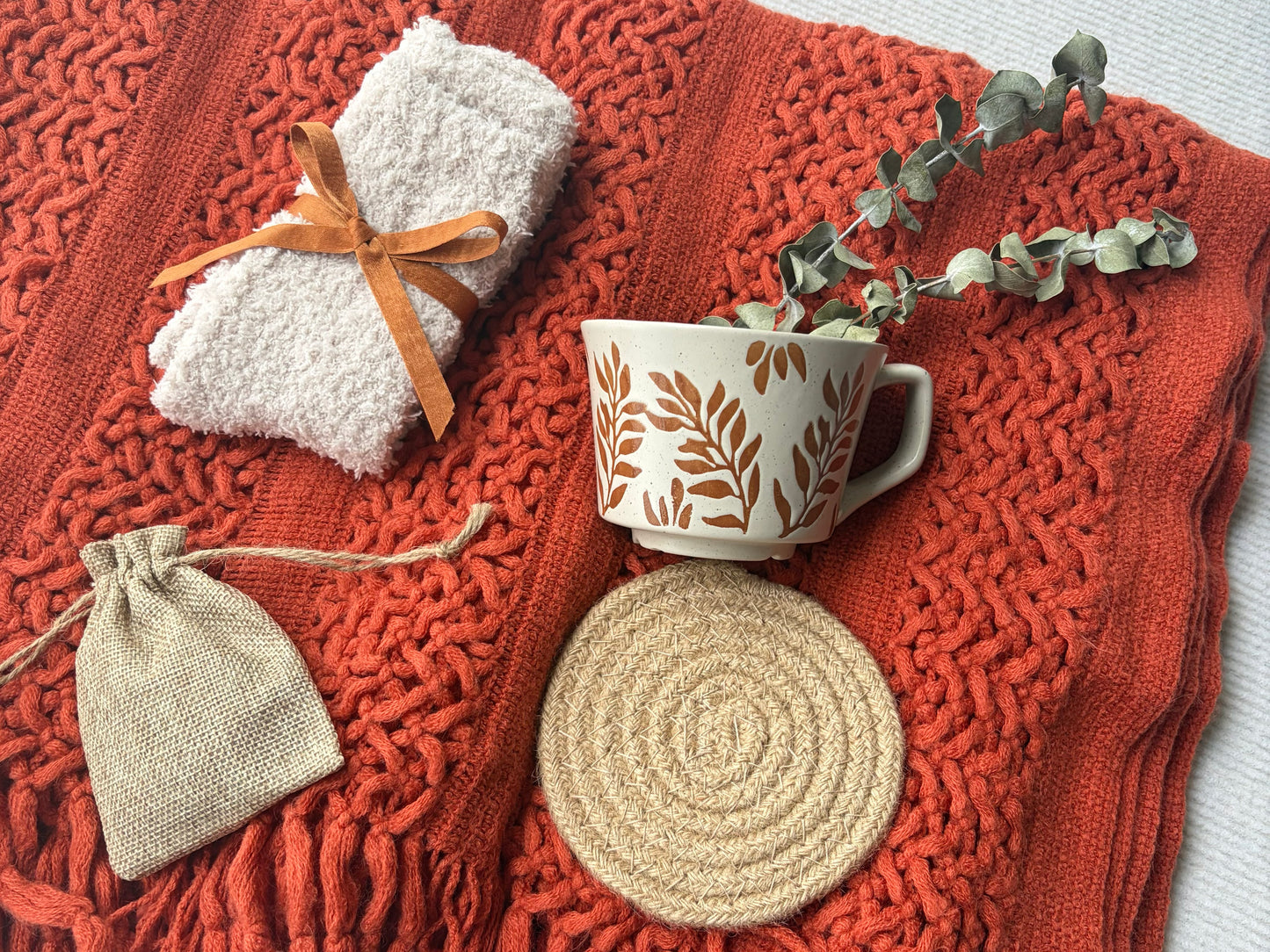 Cozy Orange Knit Blanket Gift Box | Self Care Gift Set komorebi INC