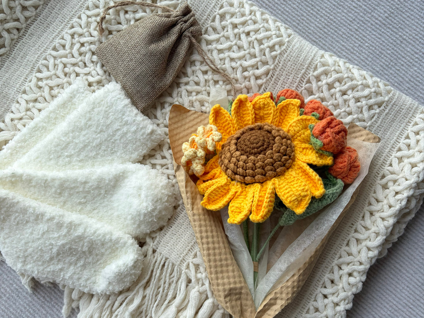 Sunflower Crochet Bouquet Gift Box | Cozy White Care Package komorebi INC